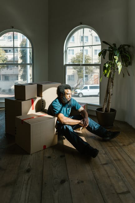 A man with curly dark hair and a beard, wearing a blue shirt and dark trousers, is sitting on a wooden floor next to several cardboard moving boxes, some of which are sealed with red packing tape. The boxes are stacked on top of each other, positioned near a large arched window with a black frame, allowing natural light to illuminate the room. Outside the window, a street scene with parked cars and residential buildings is visible. Inside the room, there is a tall potted plant with broad green leaves situated to the right of the man. The scene suggests an active home relocation or moving process, with the man taking a moment during packing or unpacking, in an environment prepared for furniture transport and house removals, as handled by Man and Van Barnsbury.