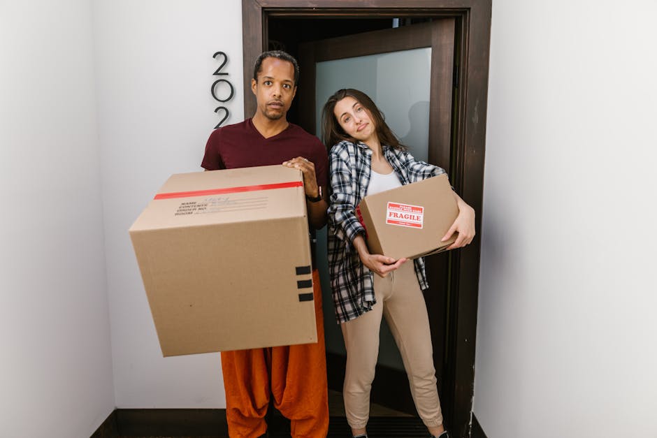 A man with curly dark hair and a beard, wearing a blue shirt and dark trousers, is sitting on a wooden floor next to several cardboard moving boxes, some of which are sealed with red packing tape. The boxes are stacked on top of each other, positioned near a large arched window with a black frame, allowing natural light to illuminate the room. Outside the window, a street scene with parked cars and residential buildings is visible. Inside the room, there is a tall potted plant with broad green leaves situated to the right of the man. The scene suggests an active home relocation or moving process, with the man taking a moment during packing or unpacking, in an environment prepared for furniture transport and house removals, as handled by Man and Van Barnsbury.